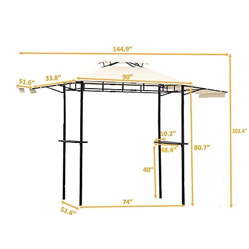 Tensun 12x4.3Ft Outdoor Gazebo, Shade Double Tiered Air Circulation Grill Gazebo,Side Extended Sheds,Rain Resistant Patio BBQ Tent with Bar Counters, Suitable for Backyard,Poolside,Party, Beige