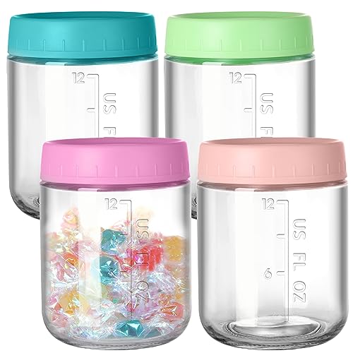 4 Pack Mason Jars 16 oz with Lids, Glass Jar with Screw Lid and Mesurement Marks, Glass Jars with Airtight Lids for Overnight Oats, Pickles, Salad, Spice, Candy, Jam, Seasoning, Meal Prep Containers