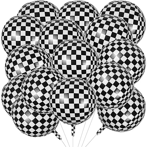 HaiMay 15 Pieces Large Balloons 22 Inches 360 Degree Round Balloons Metallic Helium Balloons Black White Checkered Balloons 4D Balloons Mylar Foil Balloons Birthday Balloons Party Balloons