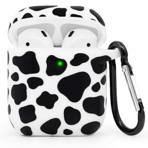 mouzor cute airpods case, cow print airpods 2 case, cow pattern funny cartoon animals soft silicone shockproof charging case cover with carabiner for airpods 1st generation, airpods 2nd generation