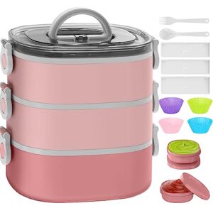 khoxu bento lunch box, stackable 3 layers bento box adult lunch box, 94oz large capacity lunch containers, lunch box kids with accessories kit , leak-proof, food-safe materials, pink