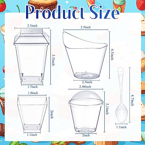 Weewooday 200 Pcs Clear Plastic Dessert Cups with Lids and Spoons Parfait Cups with Lids Dessert Cups with Lids Disposable Dessert Containers for Ice Cream Appetizer Pudding, 2 oz, 3.3 oz, 5 oz, 7oz
