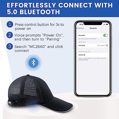Dulailt Bone Conduction Headphones Cap, Trucker Hat with Bluetooth Headphones, 20.4”-24.4” Adjustable Strap, Magnetic Charging, IPV7 Waterproof Snapback Hat, for Running Hiking and Fishing Black