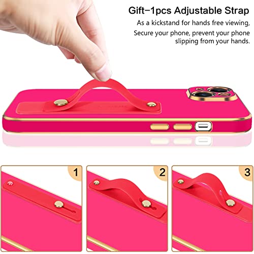 BENTOBEN Compatible with iPhone 13 Mini Case, Slim Luxury Electroplated Bumper Women Men Girl Protective Soft Case Cover with Strap for iPhone 13 Mini 5.4 inch,Hot Pink/Gold