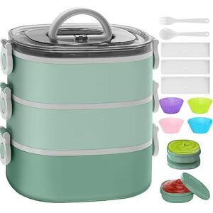khoxu bento lunch box, stackable 3 layers bento box adult lunch box, 94oz large capacity lunch containers, lunch box kids with accessories kit , leak-proof, food-safe materials, green
