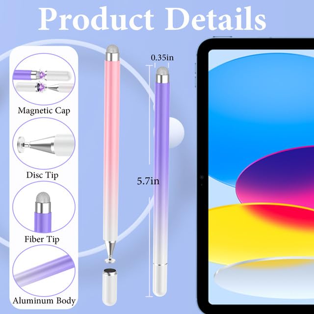 Stylus Pens for Touch Screens(2PCS), Luntak High Precision Magnetic Disc Universal Stylus Pen for iPad, 2 in 1 iPad Pencil Compatible with iPhone/iPad/Android and Most Touch Screen(Pink/Purple)
