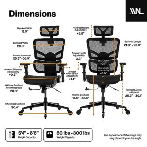 Wellnewlife Prestige Ergonomic Office Chair with Full Body Adjustability for 5ft 4in to 6ft 6in. Adjustable Height, Head, Arms, Seat Depth, Backrest, Recline. Swivel Mesh Office Chair, Blade (Black)
