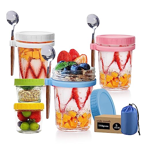 TTrpuon Overnight oats containers with lids glass and spoon,glass jars with lids, cereal cups to go, Breakfast On the Go Cups, Cups Set of 5