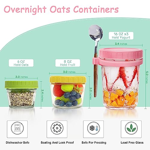 TTrpuon Overnight oats containers with lids glass and spoon,glass jars with lids, cereal cups to go, Breakfast On the Go Cups, Cups Set of 5