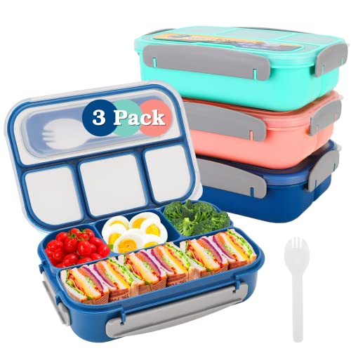 Qipecedm 3 Pack Bento Box Lunch Box Adults And Big Kids, Bento Box Adult Lunch Box with Cutlery, 1300ML 4 Compartment Lunch Box Containers, Leak Proof, Microwave/Dishwasher/Freezer Safe