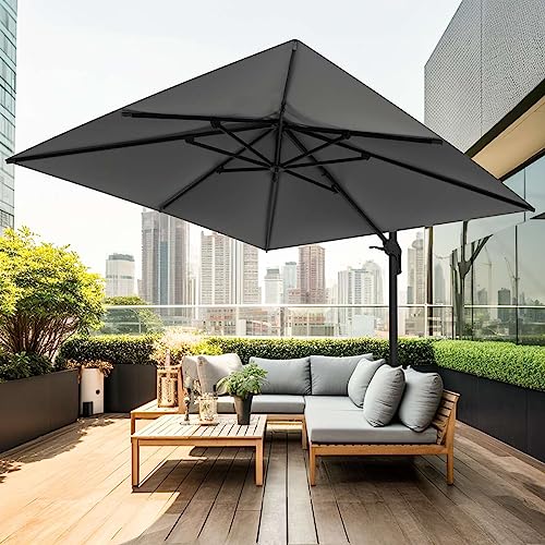 wikiwiki 11x11 FT Cantilever Patio Umbrella Outdoor Large Offset Square Umbrella w/ 36 Month Fade Resistance Recycled Fabric, 6-Level 360°Rotation Aluminum Pole for Deck Pool, Grey