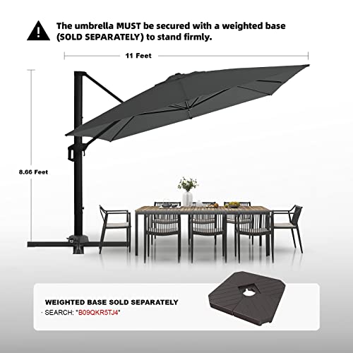 wikiwiki 11x11 FT Cantilever Patio Umbrella Outdoor Large Offset Square Umbrella w/ 36 Month Fade Resistance Recycled Fabric, 6-Level 360°Rotation Aluminum Pole for Deck Pool, Grey