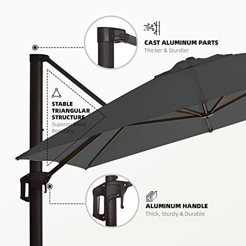 wikiwiki 11x11 FT Cantilever Patio Umbrella Outdoor Large Offset Square Umbrella w/ 36 Month Fade Resistance Recycled Fabric, 6-Level 360°Rotation Aluminum Pole for Deck Pool, Grey