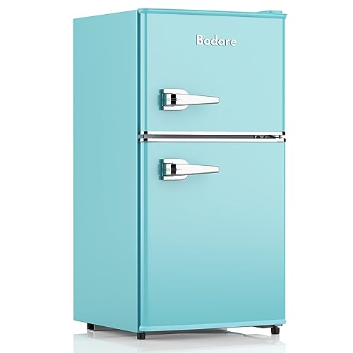 Bodare Retro Mini Fridge with Freezer: 3.2 Cu.Ft Mini Refrigerator with 2 Doors - Small Refrigerator Energy-Saving Compact Refrigerator - Small Fridge for Bedroom Dorm (Blue)