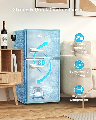 Bodare Retro Mini Fridge with Freezer: 3.2 Cu.Ft Mini Refrigerator with 2 Doors - Small Refrigerator Energy-Saving Compact Refrigerator - Small Fridge for Bedroom Dorm (Blue)