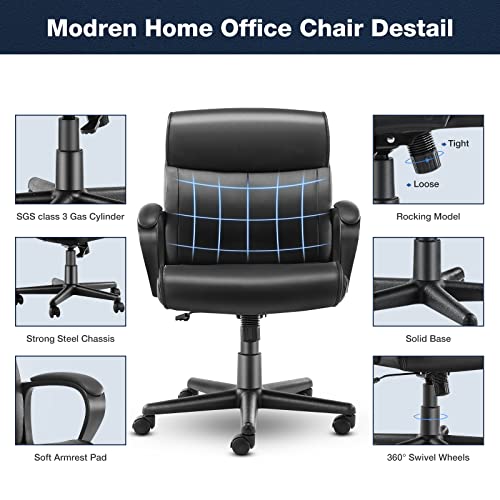 OLIXIS Office Desk Chair with Padded Armrests Executive Mid Back Lumbar Support and Adjustable Height & Tilt Angle PU Leather Swivel, Black