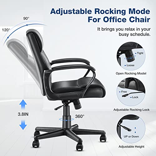 OLIXIS Office Desk Chair with Padded Armrests Executive Mid Back Lumbar Support and Adjustable Height & Tilt Angle PU Leather Swivel, Black