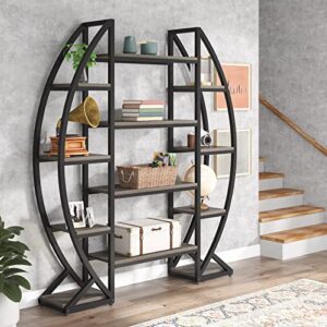 bookshelf, oval triple wide 5 tiers etagere bookcases, industrial display shelves for living room (grey, 55")
