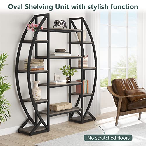 Bookshelf, Oval Triple Wide 5 Tiers Etagere Bookcases, Industrial Display Shelves for Living Room (Grey, 55")