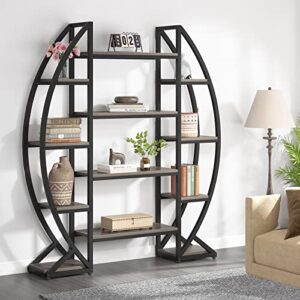 Bookshelf, Oval Triple Wide 5 Tiers Etagere Bookcases, Industrial Display Shelves for Living Room (Grey, 55")