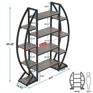 Bookshelf, Oval Triple Wide 5 Tiers Etagere Bookcases, Industrial Display Shelves for Living Room (Grey, 55")