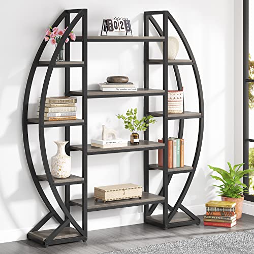 Bookshelf, Oval Triple Wide 5 Tiers Etagere Bookcases, Industrial Display Shelves for Living Room (Grey, 55")