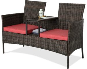 bptd outdoor patio loveseat patio furniture set rattan patio bistro set wicker conversation furniture sets with cushios and built-in coffee table for balcony, lawn, backyard (brown/red)