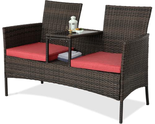 BPTD Outdoor Patio Loveseat Patio Furniture Set Rattan Patio Bistro Set Wicker Conversation Furniture Sets with Cushios and Built-in Coffee Table for Balcony, Lawn, Backyard (Brown/Red)