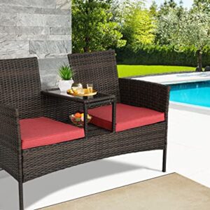 BPTD Outdoor Patio Loveseat Patio Furniture Set Rattan Patio Bistro Set Wicker Conversation Furniture Sets with Cushios and Built-in Coffee Table for Balcony, Lawn, Backyard (Brown/Red)