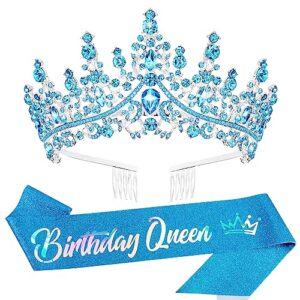 velscrun blue crystal birthday queen tiara crown for women girls birthday queen headband sash elegant princess crown with combs hair accessories happy birthday party decorations mom birthday gift