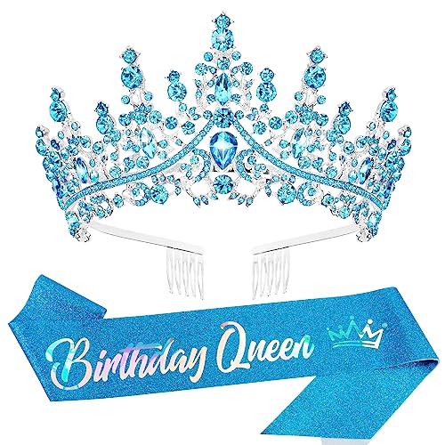 Velscrun Blue Crystal Birthday Queen Tiara Crown for Women Girls Birthday Queen Headband Sash Elegant Princess Crown with Combs Hair Accessories Happy Birthday Party Decorations Mom Birthday Gift