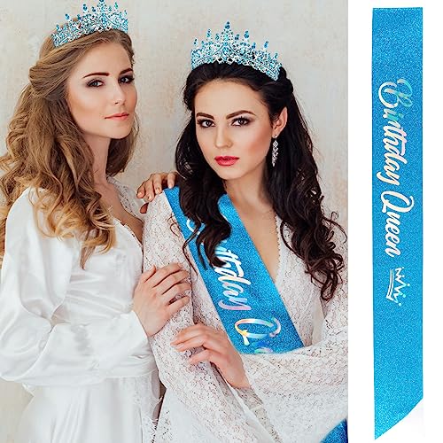 Velscrun Blue Crystal Birthday Queen Tiara Crown for Women Girls Birthday Queen Headband Sash Elegant Princess Crown with Combs Hair Accessories Happy Birthday Party Decorations Mom Birthday Gift