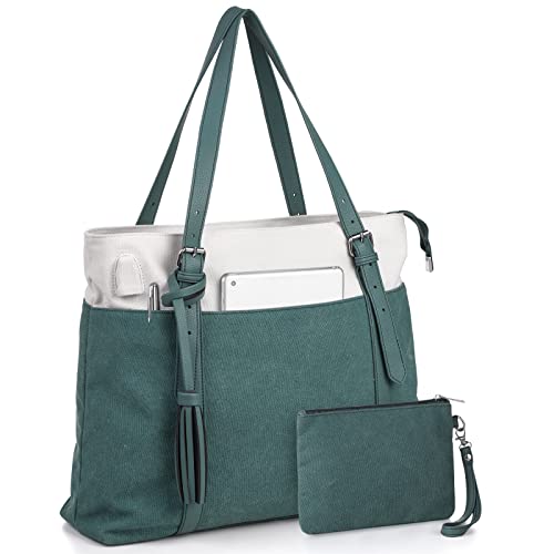 RJEU Women Tote Bag for School,Cute Bookbag Teacher Bag for College,Laptop Tote Bag Purse with Compartments Zipper for Work Travel Nurse Church,Canvas,Green