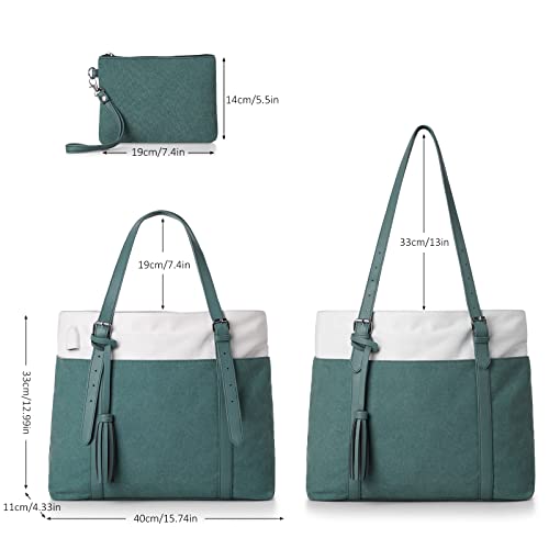 RJEU Women Tote Bag for School,Cute Bookbag Teacher Bag for College,Laptop Tote Bag Purse with Compartments Zipper for Work Travel Nurse Church,Canvas,Green