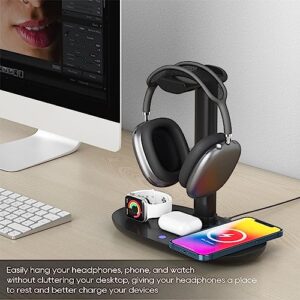 Headphone Stand with 15w Wireless Charger, 4 in 1 Qi Charging Station Headset Holder for iPhone 14/13/12/11/XS/XR/X AirPods Max/Pro/2/3 iWatch 8/7/6/5/4/3/2/1/SE