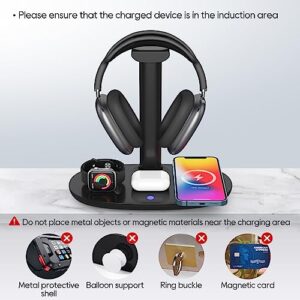 Headphone Stand with 15w Wireless Charger, 4 in 1 Qi Charging Station Headset Holder for iPhone 14/13/12/11/XS/XR/X AirPods Max/Pro/2/3 iWatch 8/7/6/5/4/3/2/1/SE