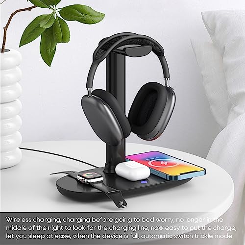 Headphone Stand with 15w Wireless Charger, 4 in 1 Qi Charging Station Headset Holder for iPhone 14/13/12/11/XS/XR/X AirPods Max/Pro/2/3 iWatch 8/7/6/5/4/3/2/1/SE