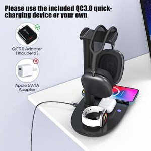 Headphone Stand with 15w Wireless Charger, 4 in 1 Qi Charging Station Headset Holder for iPhone 14/13/12/11/XS/XR/X AirPods Max/Pro/2/3 iWatch 8/7/6/5/4/3/2/1/SE