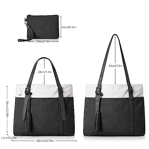 Cute Tote Bags for Women,Lightweight Laptop Bag with Zipper and Pockets for Work Travel College,School Book Bag Handbags,Canvas,Black