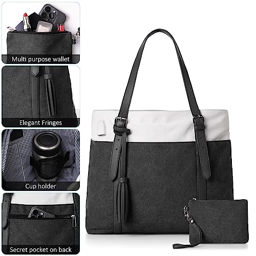 Cute Tote Bags for Women,Lightweight Laptop Bag with Zipper and Pockets for Work Travel College,School Book Bag Handbags,Canvas,Black