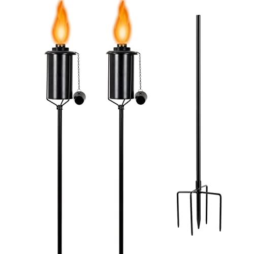 TaoTazon 2 Packs Metal Garden Torches for Outside, 16oz Outdoor Metal Torch, Citronella Torches Lighting with 4-Prong Grounded Stake for Garden Patio Pathway