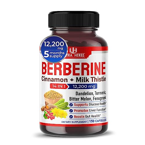 Ultra Herbs Premium Berberine 12,200MG with Cinnamon, Milk Thistle *USA Made & Test* Promotes Liver Function, Gut Health, Immunity (150 Count (Pack of 1))