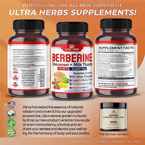 Ultra Herbs Premium Berberine 12,200MG with Cinnamon, Milk Thistle *USA Made & Test* Promotes Liver Function, Gut Health, Immunity (150 Count (Pack of 1))