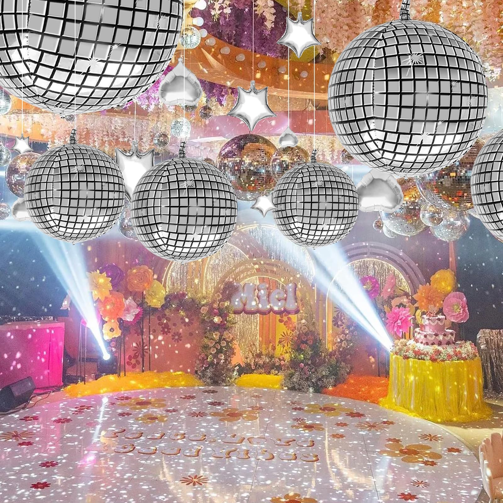 Jerbor 60PCS Disco Ball Balloons with Pump,4D Disco Party Decorations,Love-Shaped Star-Shaped Balloons,Silver Disco Mylar Balloons for 70s 80s Disco Themed Birthday New Year's Party Decor Supplies