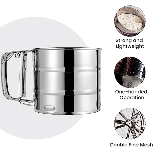 Flour Sifter, Stainless Steel Sifter for Baking, Double Layer Fine Mesh Baking Sifter, One Hand Press Crank Sifter for Powdered Sugar Shaker Duster, Flour Sieve Sifter for Baking Cakes Rondauno