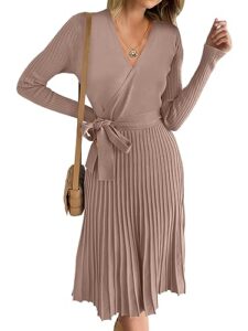 anrabess long sleeve sweater dress 2023 fall wrap pleated v neck work office a line tie waist soild color belted ribbed knit bodycon midi sweater dress 937doukou-xl