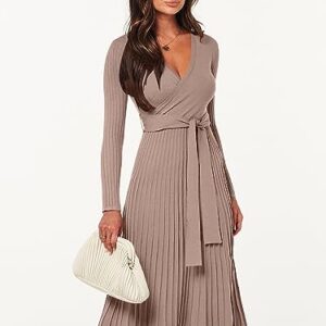 ANRABESS Long Sleeve Sweater Dress 2023 Fall Wrap Pleated V Neck Work Office A Line Tie Waist Soild Color Belted Ribbed Knit Bodycon Midi Sweater Dress 937doukou-XL