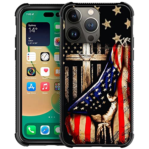 DAIZAG Case Compatible with iPhone 14 Pro Max, Wooden Cross Power American Flag Case for iPhone 14 Pro Max Cases for Man Woman, Protection Shockproof Anti-Scratches TPU Case Cover