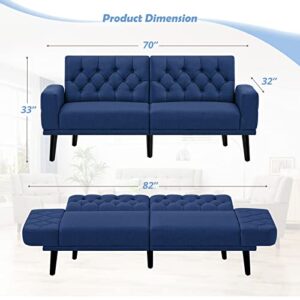 ACMEASE 70” Linen Fabric Futon Sofa Bed with Adjustable Backrests, Tufted Sleeper Couch with Convertible Armrest, 82” Extendable Loveseat Sofa with 2 Pillows for Living Room, Bedroom, Blue