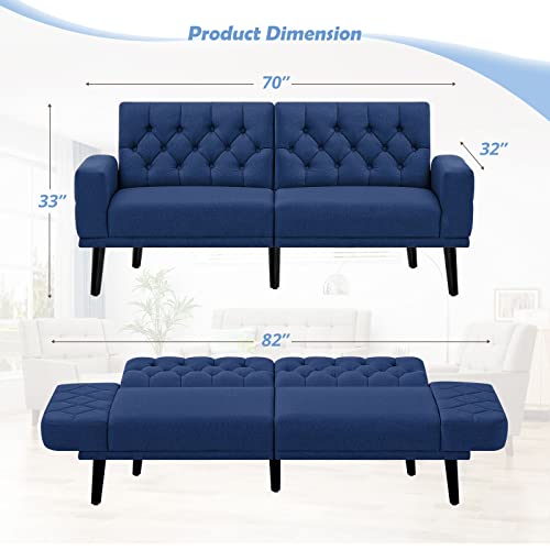 ACMEASE 70” Linen Fabric Futon Sofa Bed with Adjustable Backrests, Tufted Sleeper Couch with Convertible Armrest, 82” Extendable Loveseat Sofa with 2 Pillows for Living Room, Bedroom, Blue